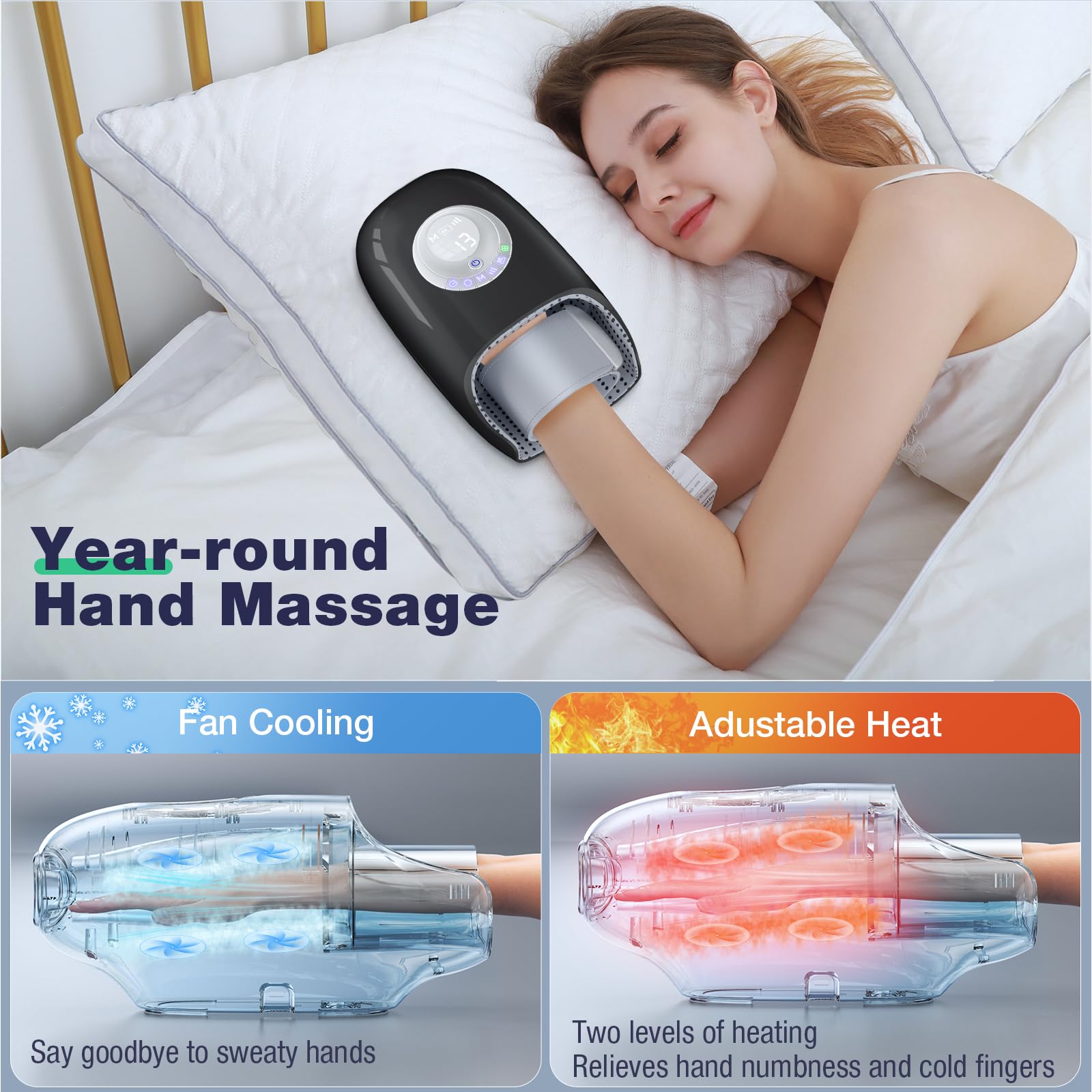 SKRFORM Hand Massager air-pressure therapy with palm rollers targets stiffness.