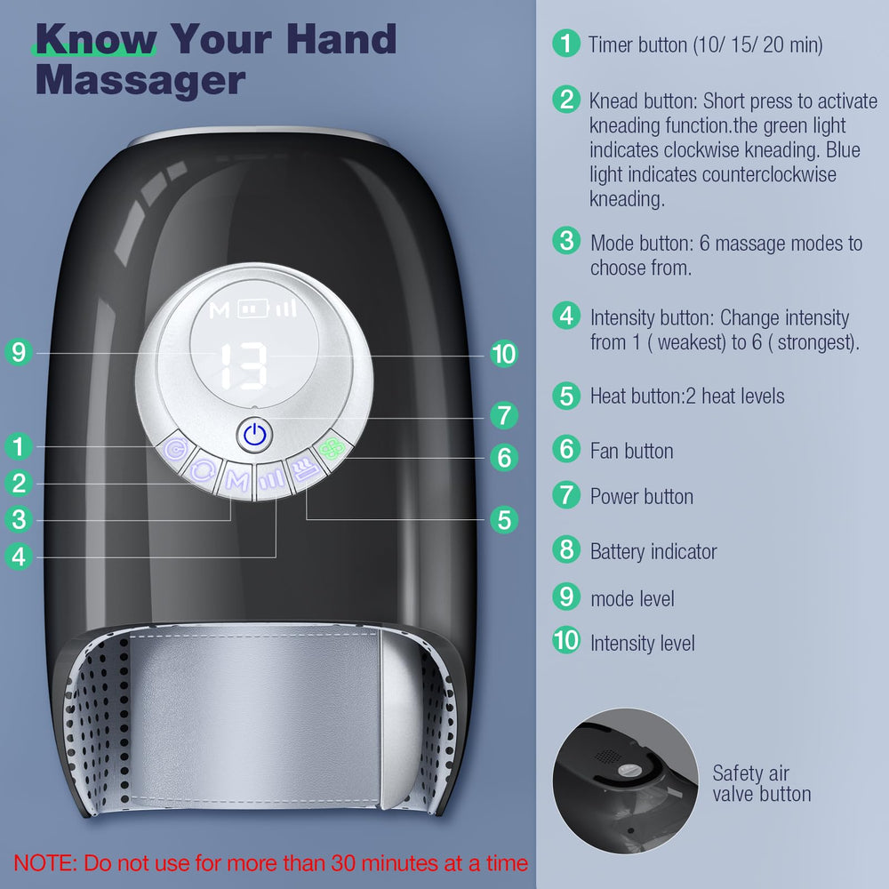 SKRFORM Hand Massager cooling fan and adjustable heating for year-round comfort.