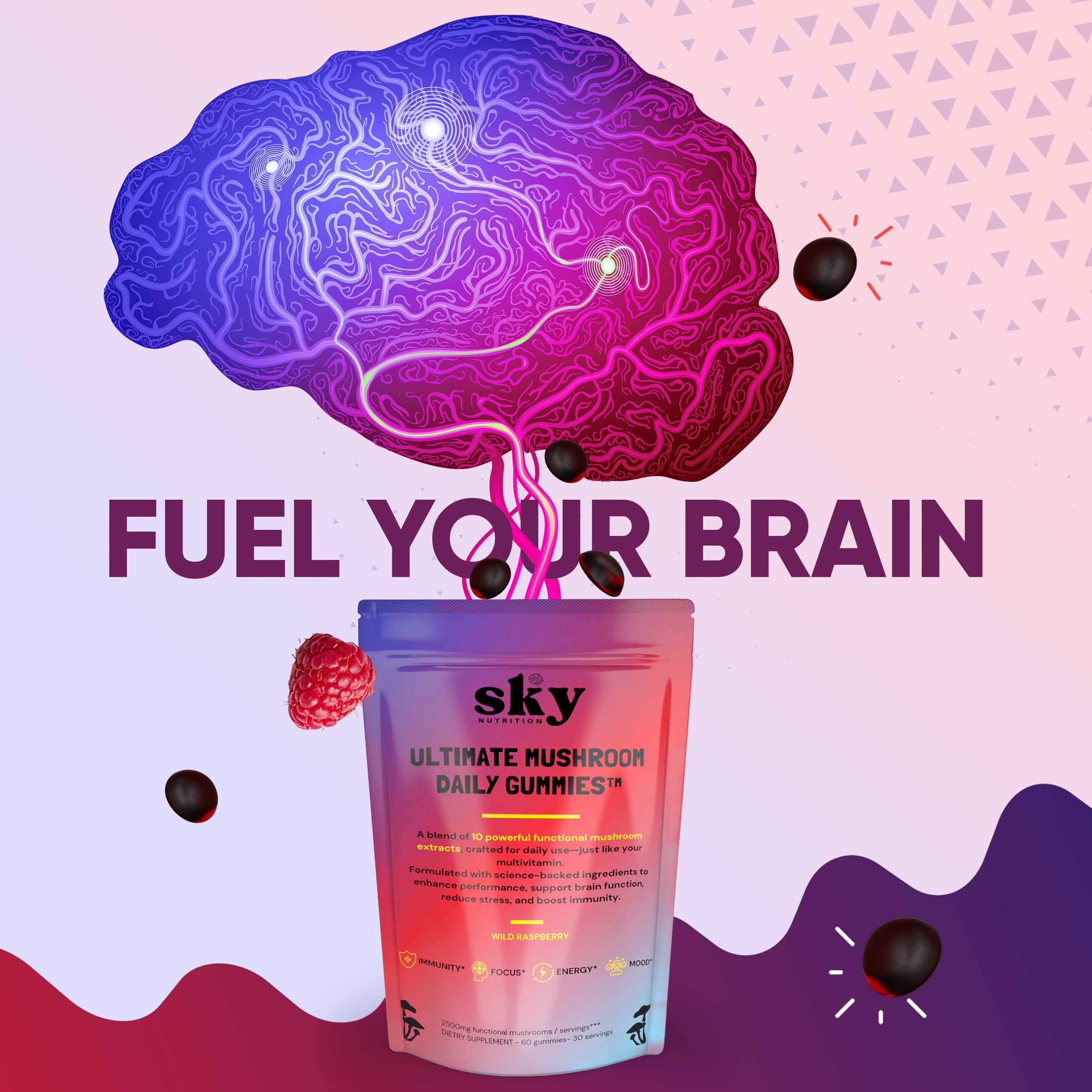 Gummy close-up texture of SKY NUTRITION chew for daily energy