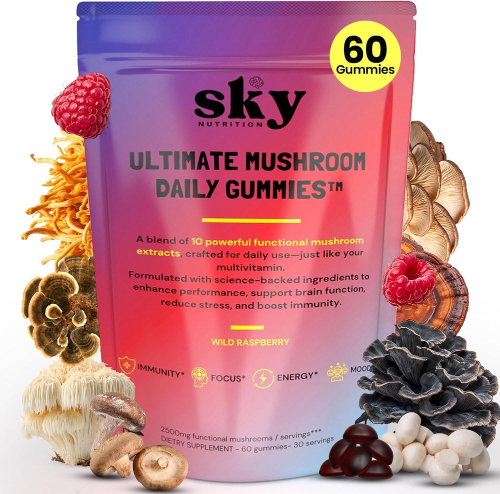 Sky Nutrition Mushroom Gummies jar showing 10-mushroom blend for focus and immune support