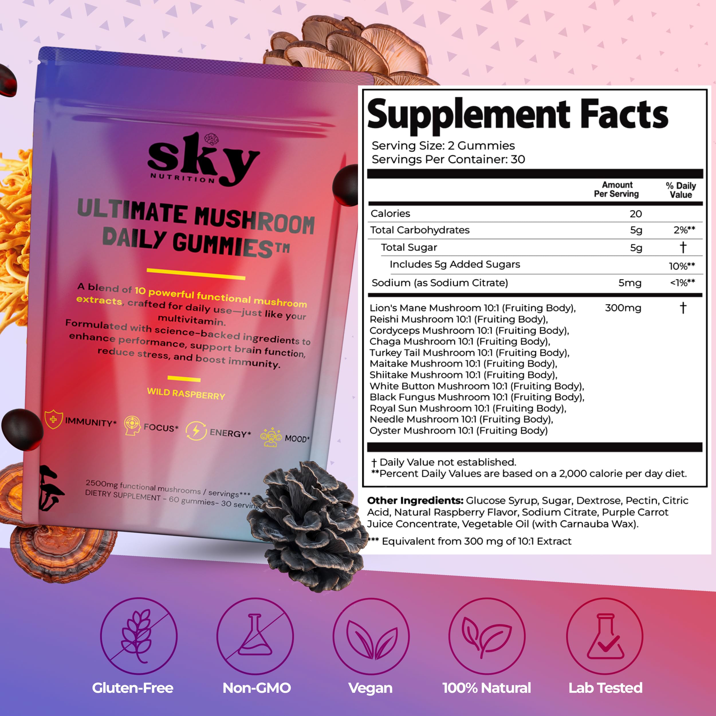 Close-up of SKY NUTRITION Raspberry-flavored gummies for mood uplift