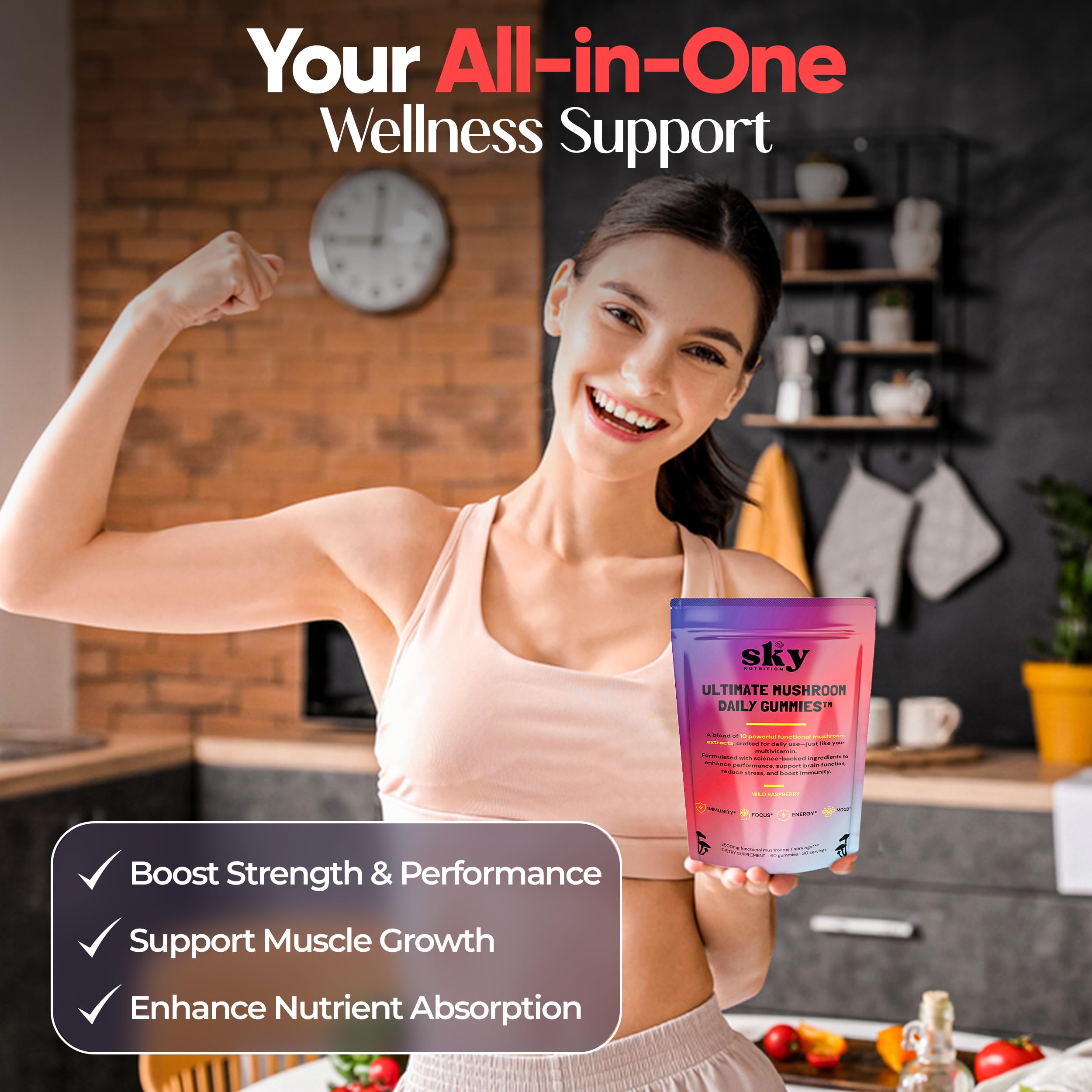 Gummy on a spoon suggesting a quick daily dose with SKY NUTRITION