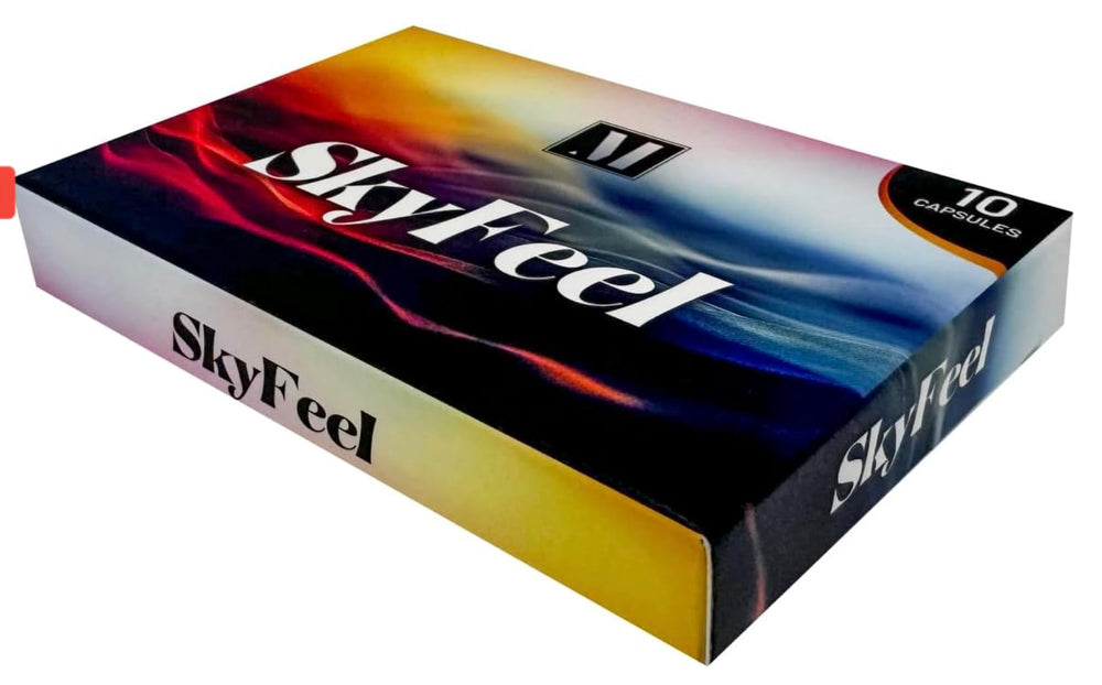 SkyFeel capsules close-up illustrating portable daily supplement
