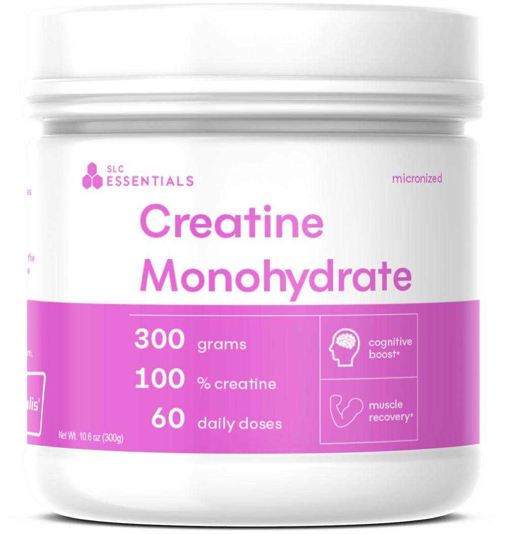 SLC Essentials Creatine Monohydrate bottle ready for workouts and daily use.