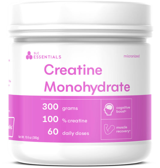 SLC Essentials Creatine Monohydrate bottle ready for workouts and daily use.