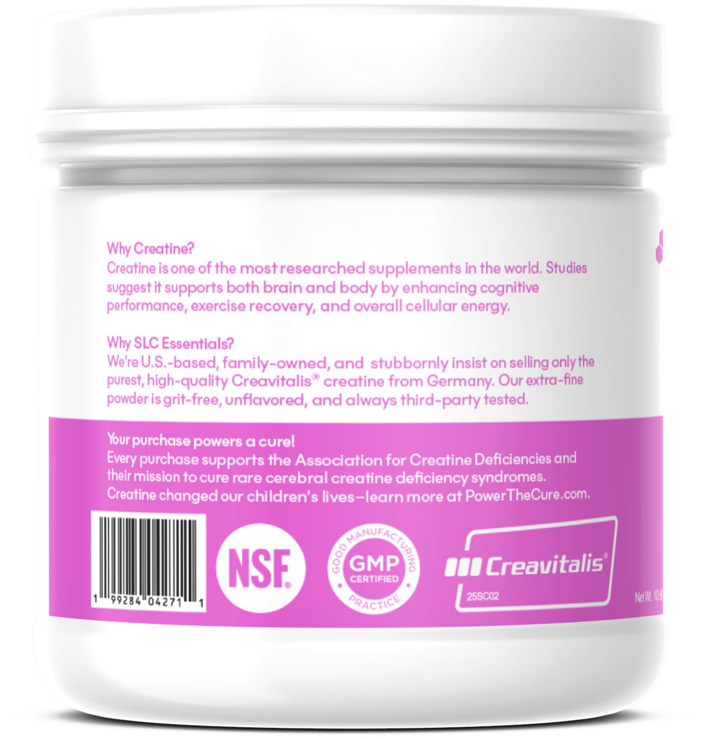 SLC Essentials Creatine Monohydrate scoop enables precise daily dosing.