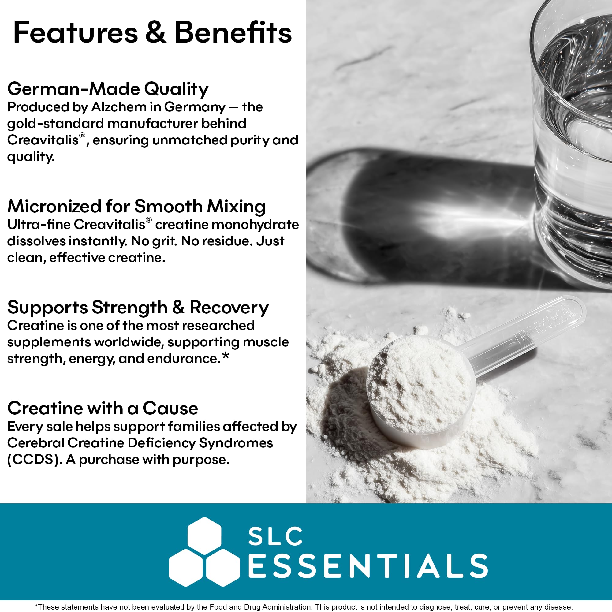 SLC Essentials Creatine Monohydrate unflavored formula with no fillers.