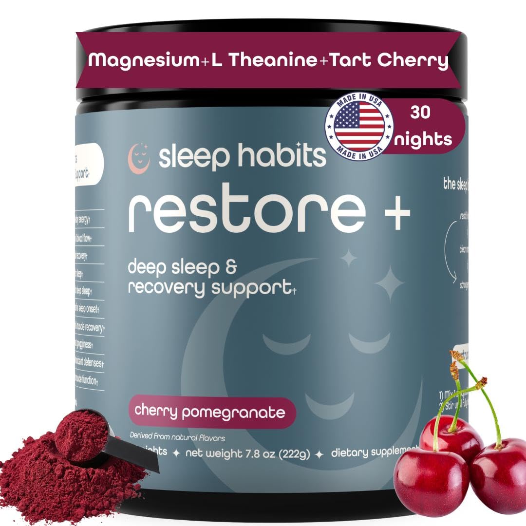 Sleep Habits Restore packshot with powder tub and scoop for easy nightly use