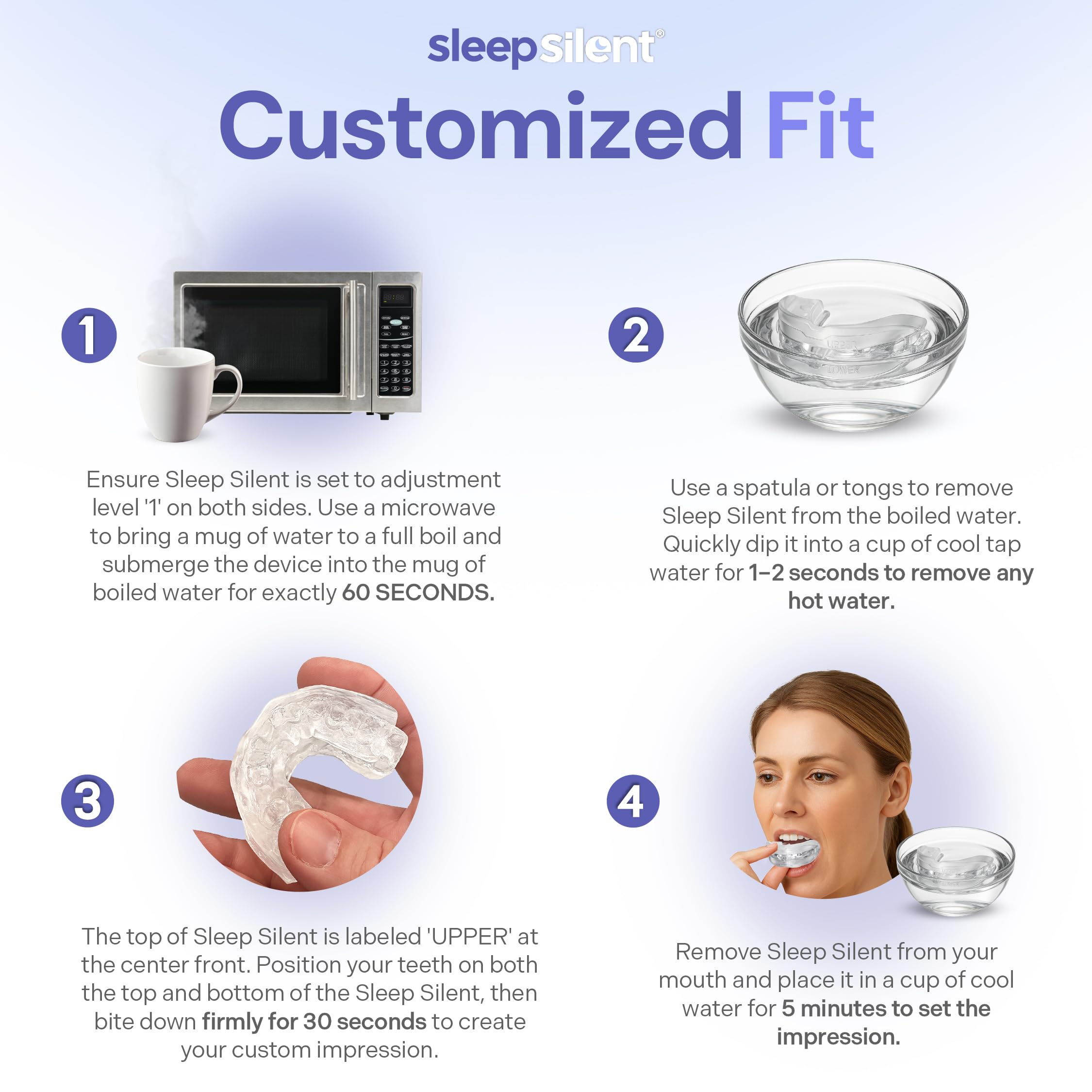 Sleep Silent snore-stopper boil-bite setup shows easy custom fit at home.