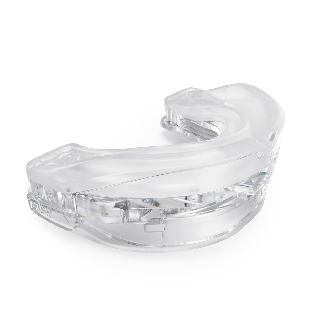 Sleep Silent snore-stopper front view demonstrates compact mouthguard for quieter nights.