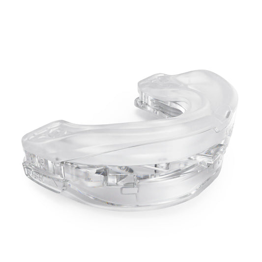 Sleep Silent snore-stopper front view demonstrates compact mouthguard for quieter nights.