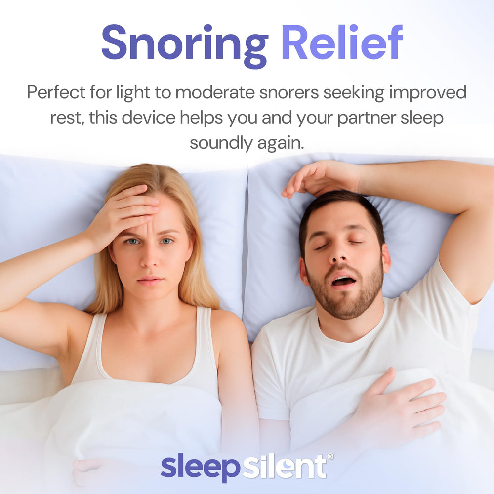 Sleep Silent snore-stopper side profile highlights discreet, comfortable fit for overnight use.