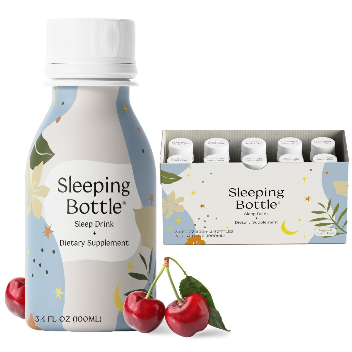 Sleeping Bottle cherry flavor bottle close-up shows natural tart cherry taste.