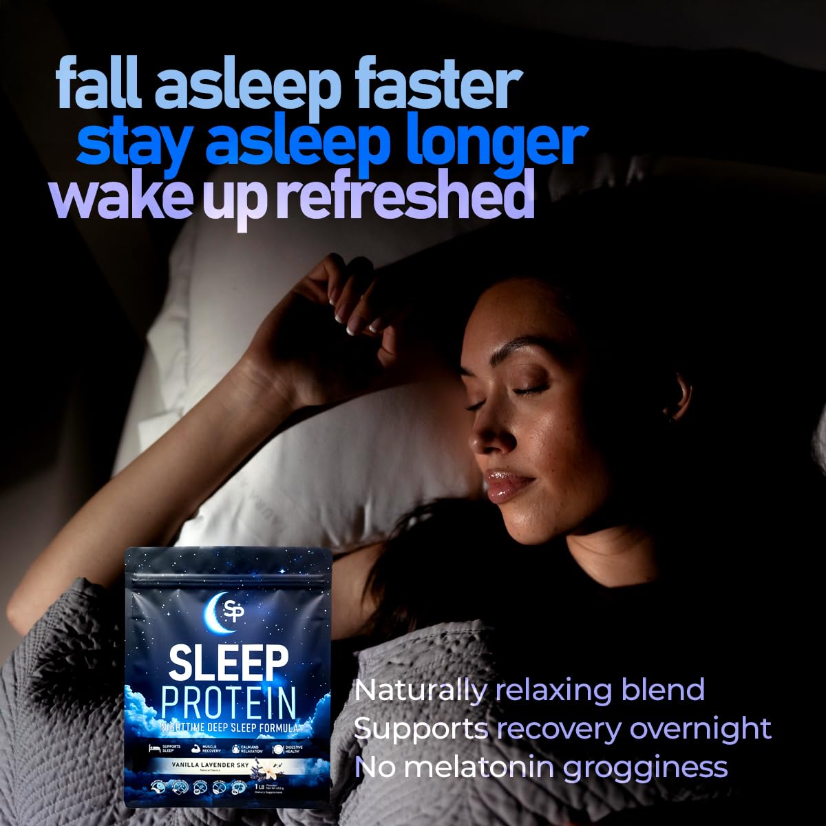 SleepProtein Magnesium Glycinate shown as bioavailable calm aid for deep rest.