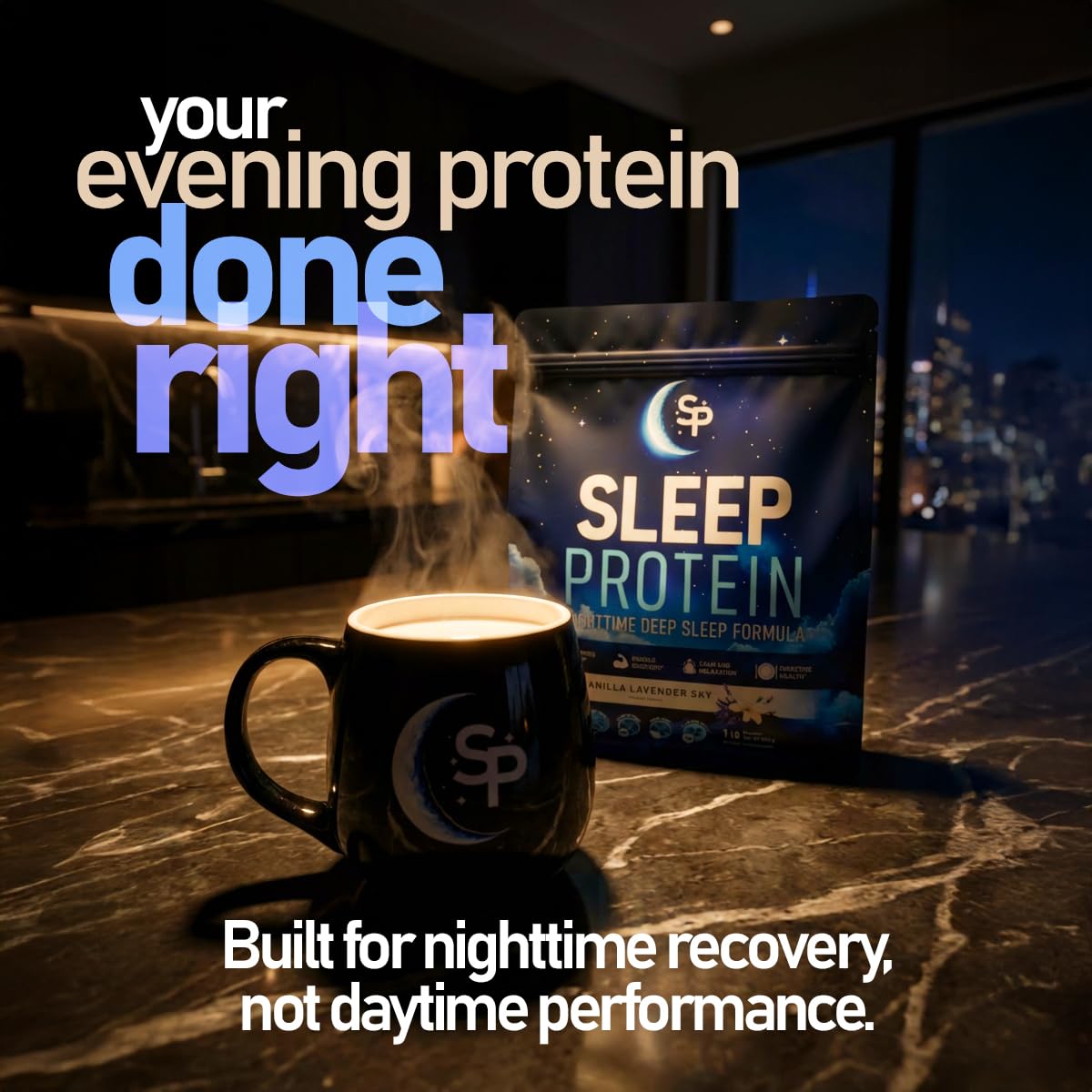 SleepProtein Melatonin-free label close-up emphasizes non-habit forming sleep support.