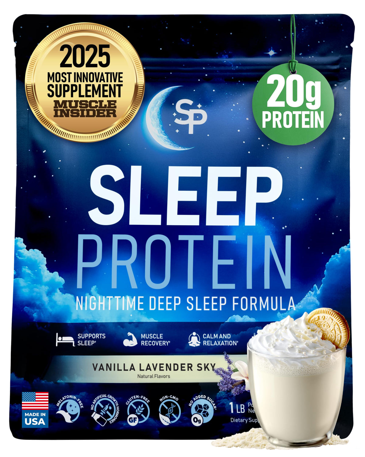SleepProtein Nighttime Casein Bottle shows 20g slow-release protein for overnight recovery.