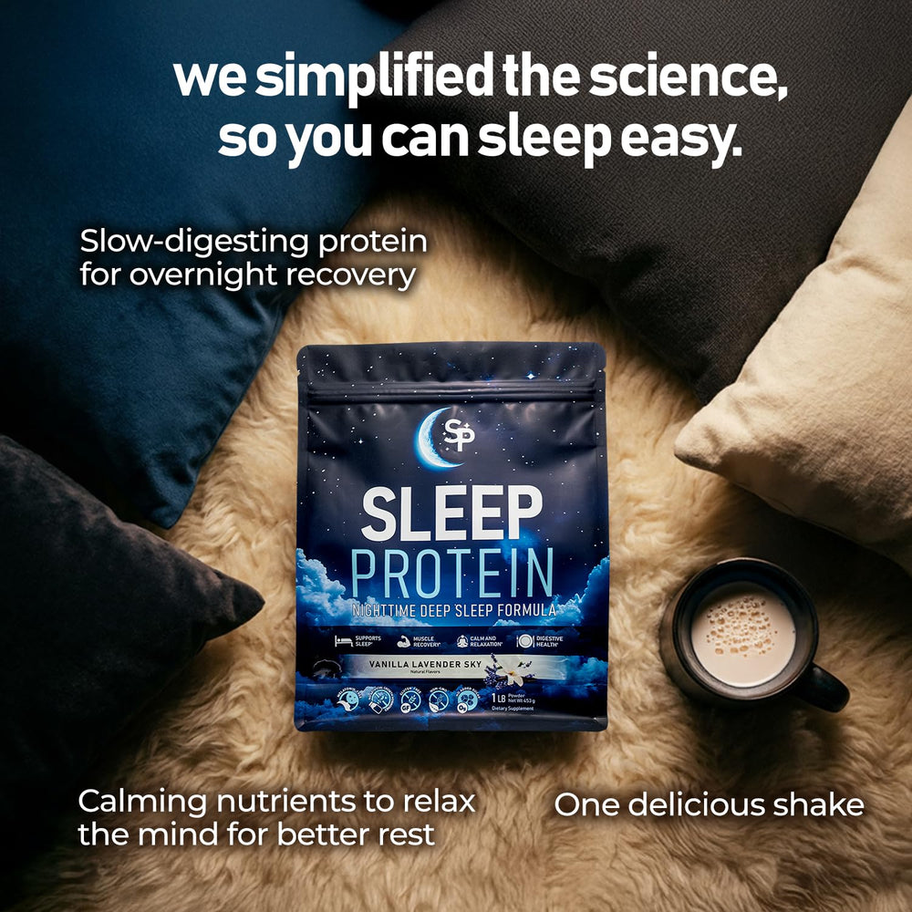 SleepProtein Vanilla Lavender Sky Shake in glass highlights calming flavor for sleep.