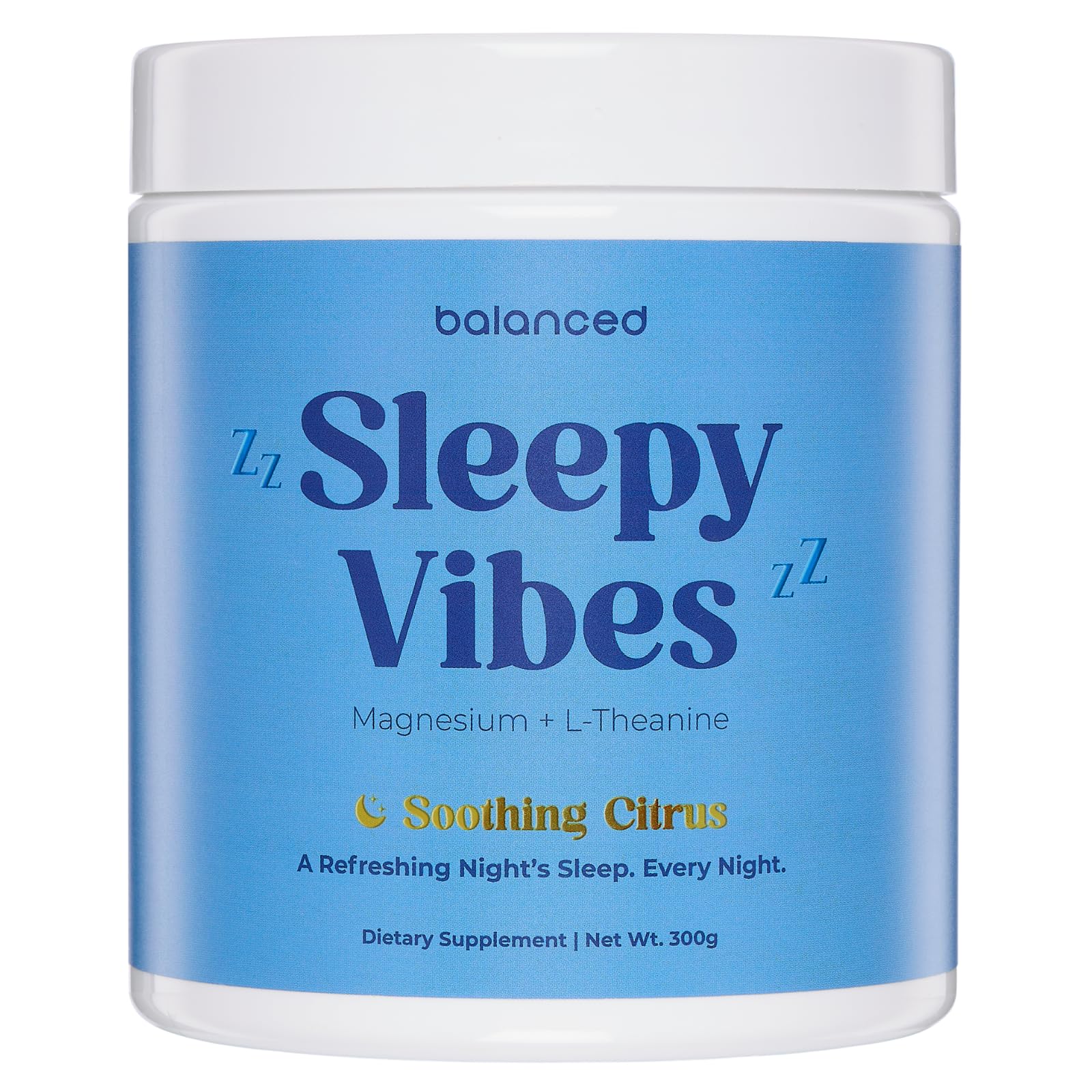 Sleepy Vibes citrus bottle promotes melatonin-free sleep support for a calm evening.