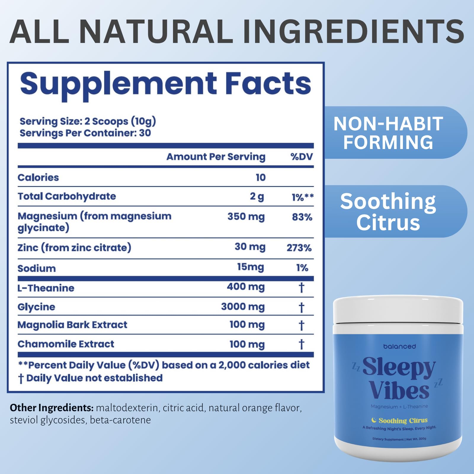 Sleepy Vibes ingredients list highlights magnesium, L-theanine, glycine.