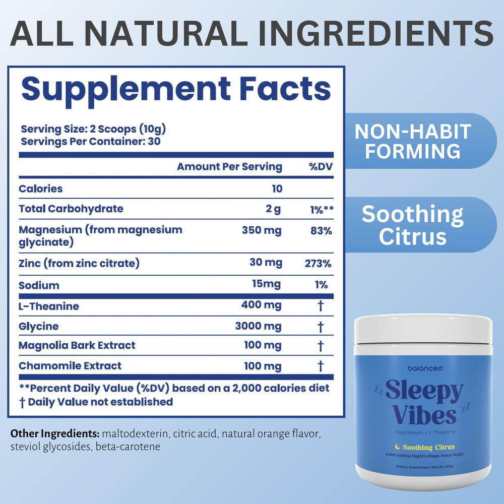 Sleepy Vibes ingredients list highlights magnesium, L-theanine, glycine.