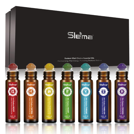 Slema 7 Chakra roll-on bottle with crystal rollerball for mindful self-care.