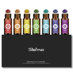 Slema 7 Chakra essential oil roller bottle closeup with crystal rollerball for precise application