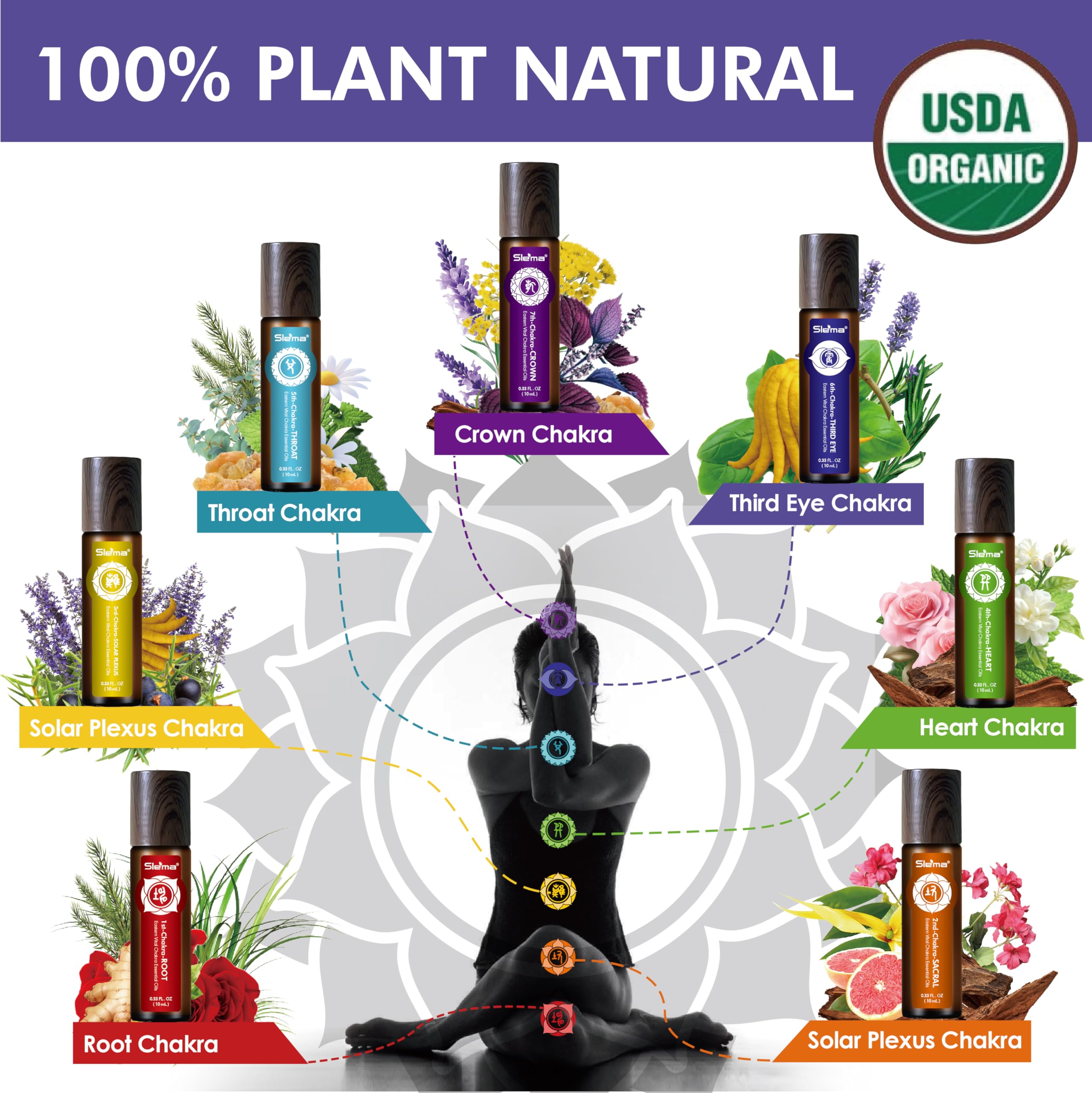 Bottles show natural plant extracts and jojoba base in Slema set.