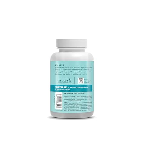 SlimFast Berberine Plus bottle closeup with two capsules per serving for daily use.