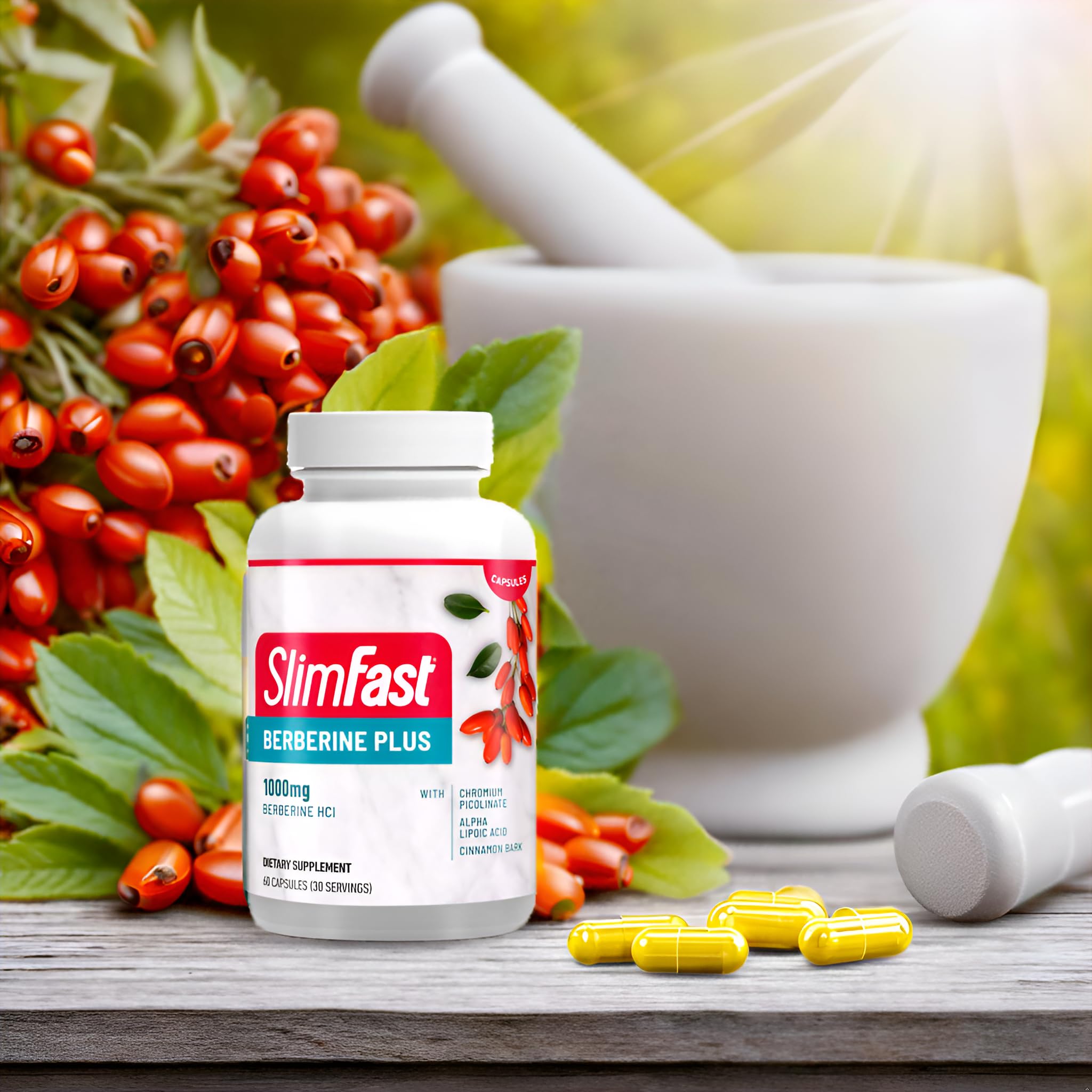 SlimFast Berberine Plus front label and 60-count bottle for daily routine.
