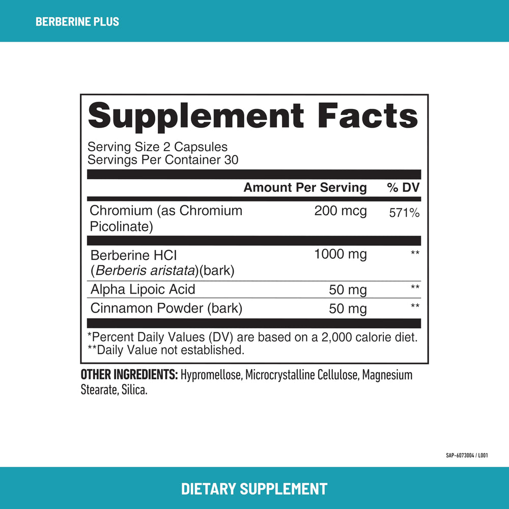 SlimFast Berberine Plus label closeup highlighting chromium and alpha lipoic acid for daily support.