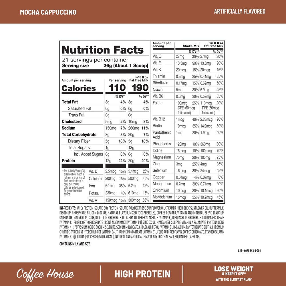SlimFast high protein coffee mix in blender-ready container for a satisfying shake.