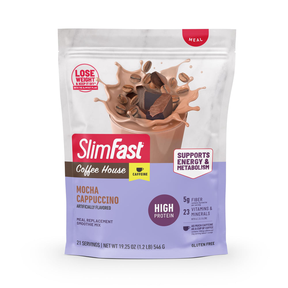 SlimFast Mocha Cappuccino powder can boosts morning energy for busy days.