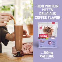 SlimFast nutrition label shows 20g protein and 100mg caffeine per serving.
