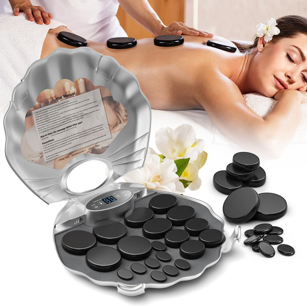 SLIMSTY 20-piece hot stones set in silver for relaxing full-body massage.