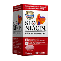 Slo-Niacin polygel bottle showing 750 mg tablets for gradual niacin release and potential HDL support.