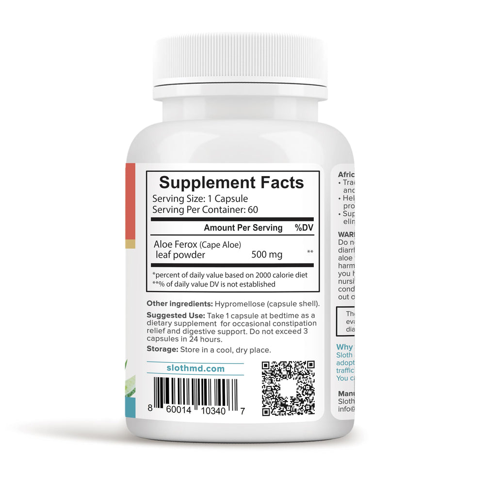 SLOTH MD African Aloe Ferox capsules inside high-potency capsules for gentle digestive comfort.