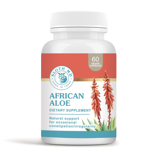 SLOTH MD African Aloe Ferox supplement bottle for digestive support on the go.