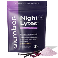 Slumber Night Lytes bottle pouring vanilla hibiscus powder for a calming bedtime ritual
