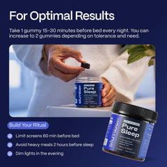 Slumber Pure Sleep gummies on a bedside table for a calming nightly routine.