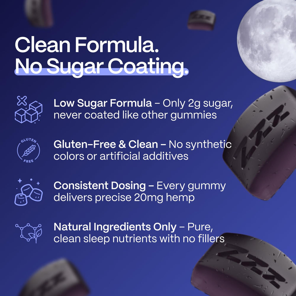 Slumber Pure Sleep gummies jar close-up highlighting vanilla-blueberry flavor.
