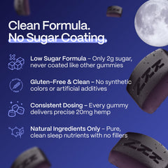 Slumber Pure Sleep gummies jar close-up highlighting vanilla-blueberry flavor.