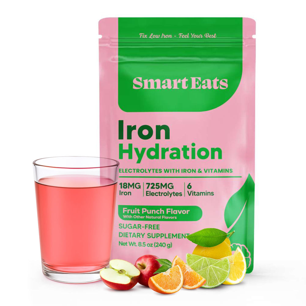 Smart Eats iron-electrolyte powder bottle for convenient daily hydration.