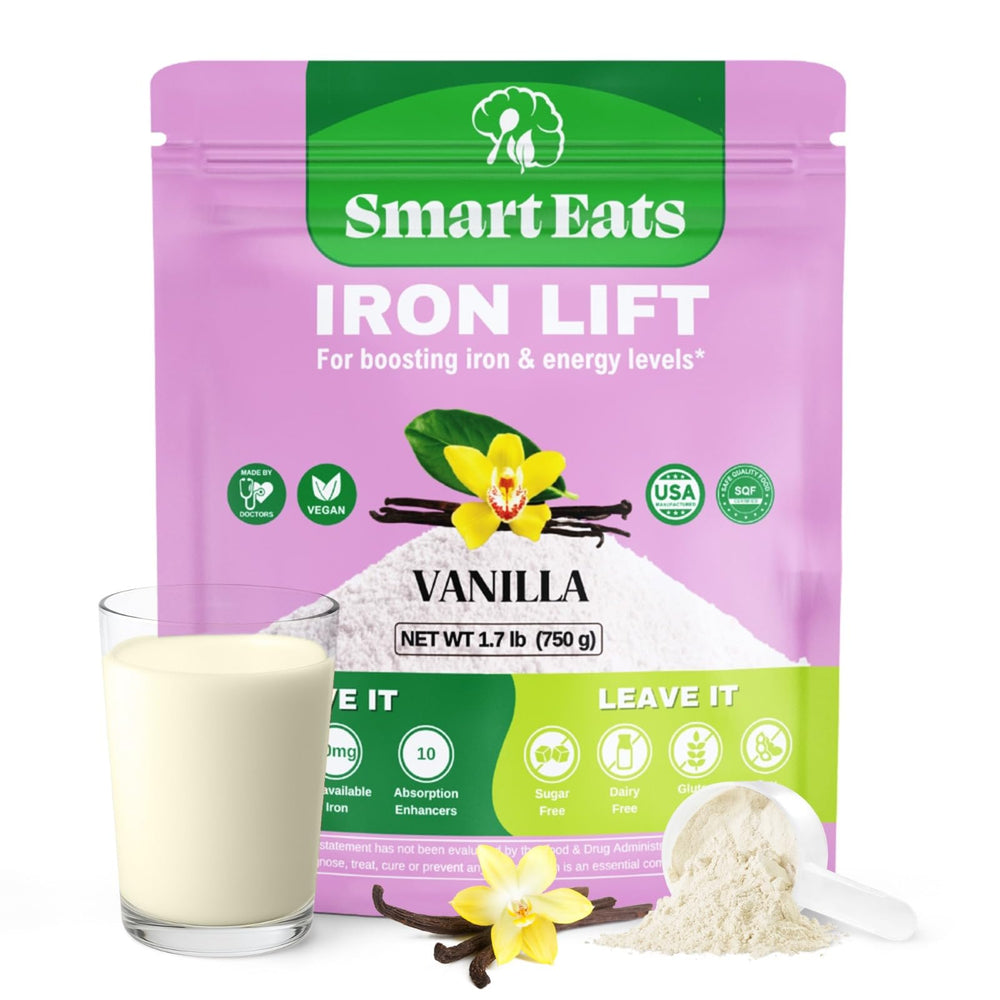 Smart Eats Iron Powder bottle with vanilla formula boosts energy from iron.