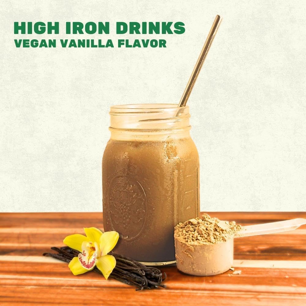 Smart Eats Iron Powder label closeup highlights vegan vanilla blend.