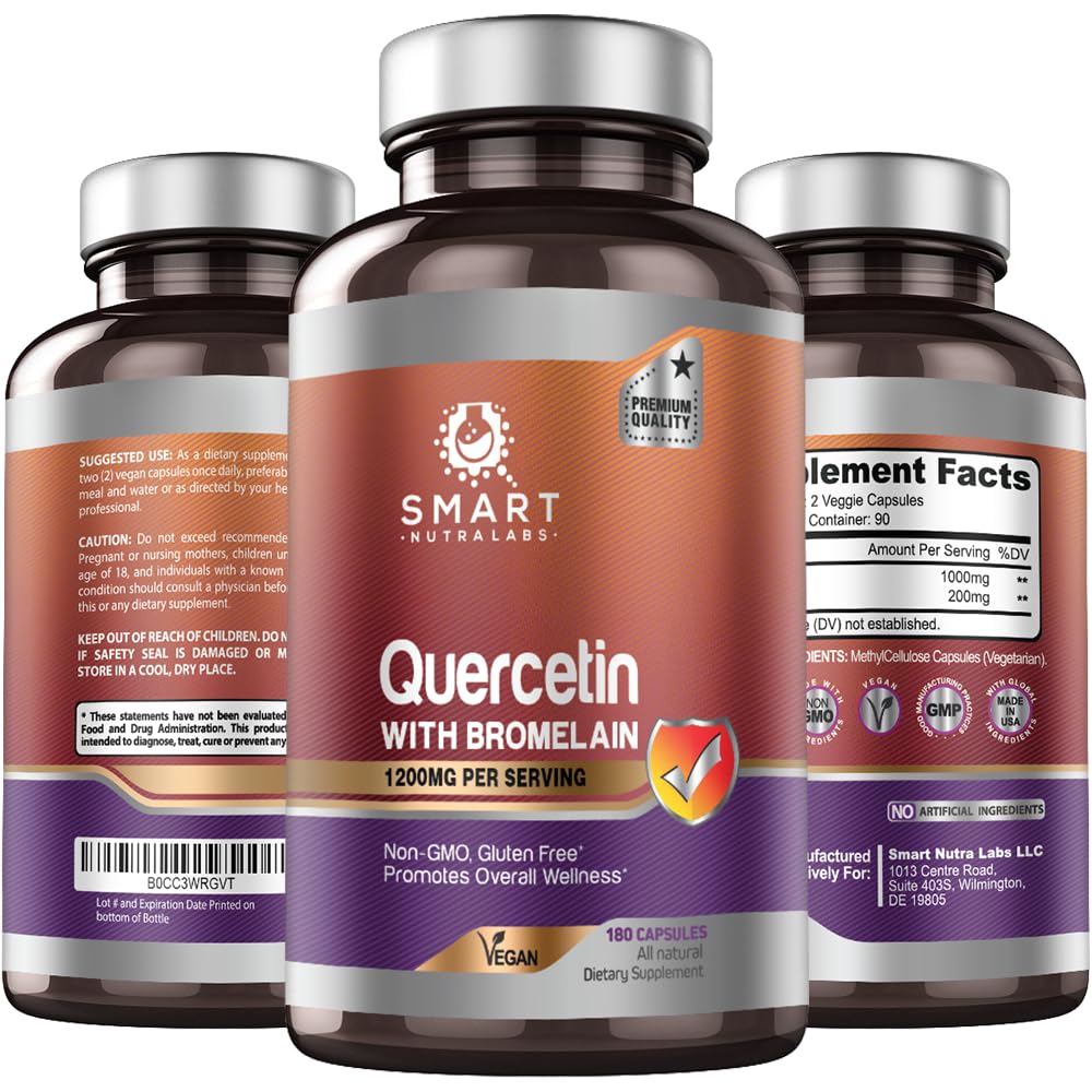 Smart Nutra Labs Quercetin with Bromelain bottle promotes daily immune support and energy.