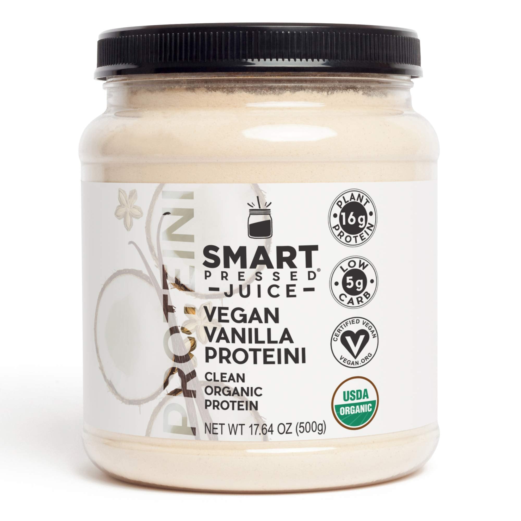 SMART Pressed vanilla Proteini powder tub for plant-based shakes, supports muscle recovery and clean nutrition.