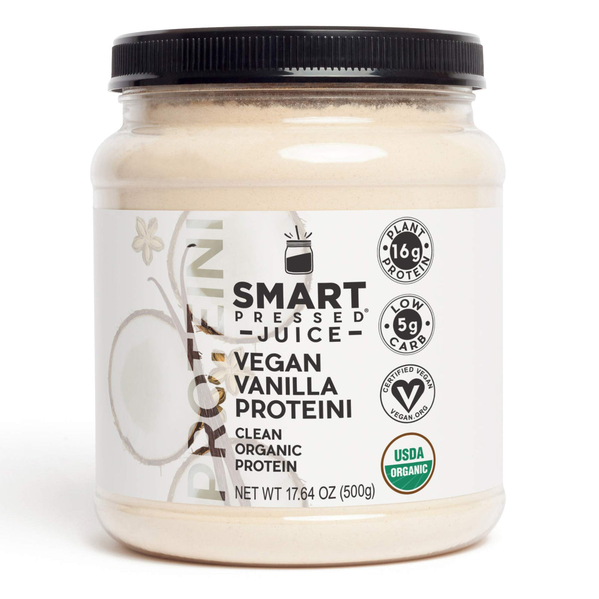 SMART Pressed vanilla Proteini powder tub for plant-based shakes, supports muscle recovery and clean nutrition.
