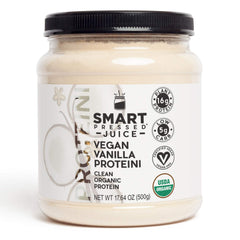 SMART Pressed vanilla Proteini powder tub for plant-based shakes, supports muscle recovery and clean nutrition.
