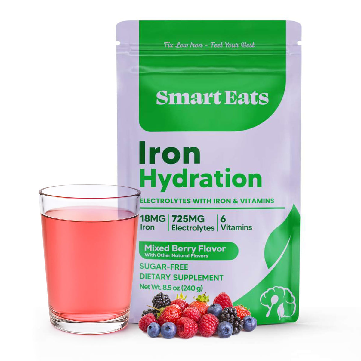 Smart Eats iron-electrolyte powder tub for daily hydration and nutrition.