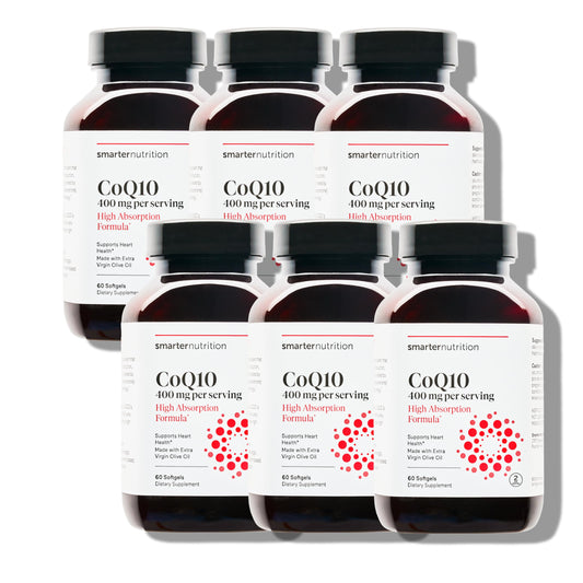 SmartenNutrition CoQ10 bottle with olive oil delivery for enhanced absorption.